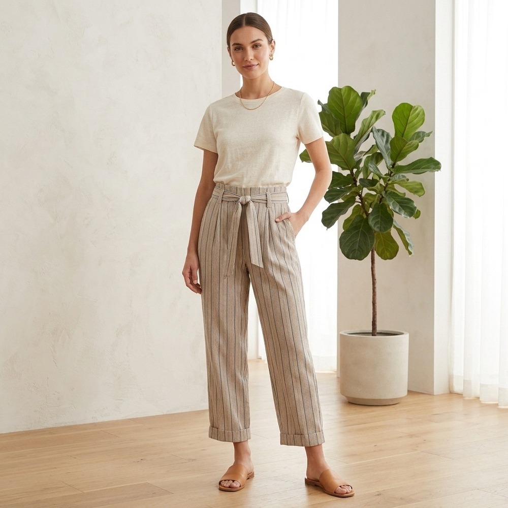 Le Lis Striped Paperbag Waist Pants Tan Navy Blue Cotton Cuffed Trousers Large